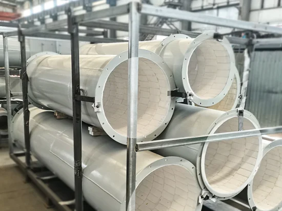 Curva de codo de tubería de acero al carbono Q235 de resistencia a la abrasión de venta de fábrica revestida con baldosas de cerámica de alúmina